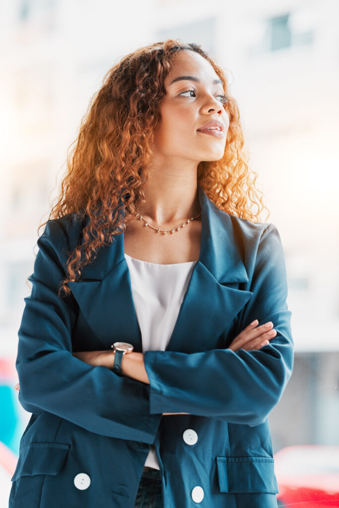 Business, woman arms crossed and thinking for opportunity, vision and success with new project. Fem.